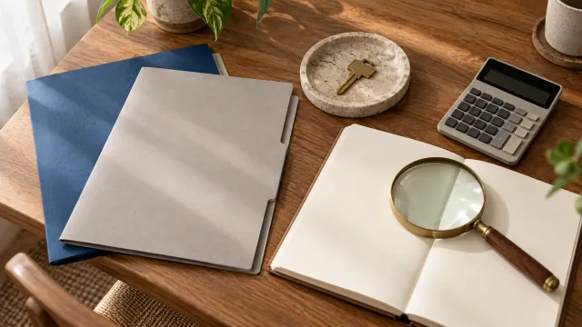 House key, magnifying glass and plain folders arranged for a careful refinancing review.