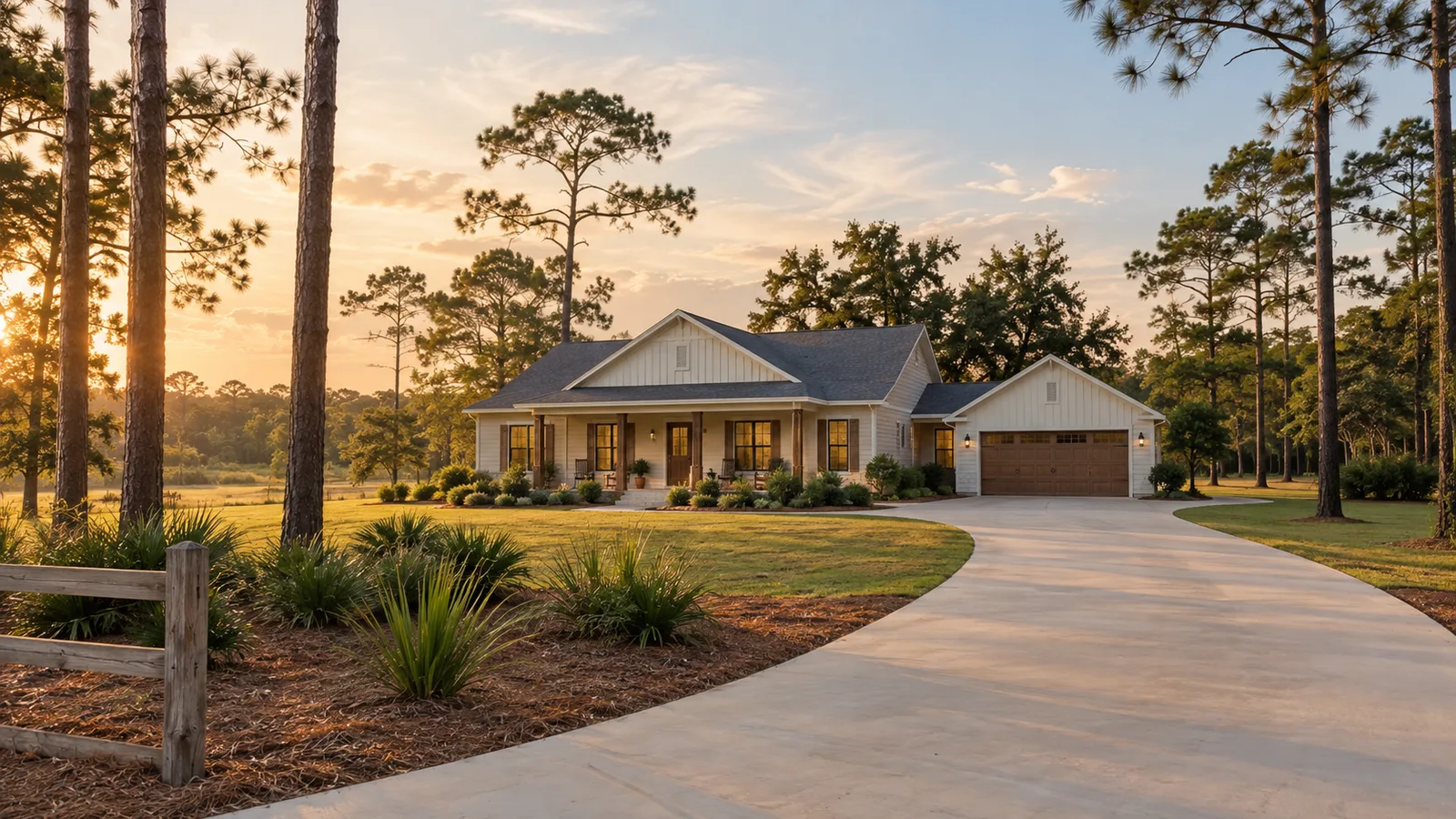 A modest single-story rural Northeast Florida house beside pines and open land, long driveway under soft evening light, illustrative not a verified eligible address.