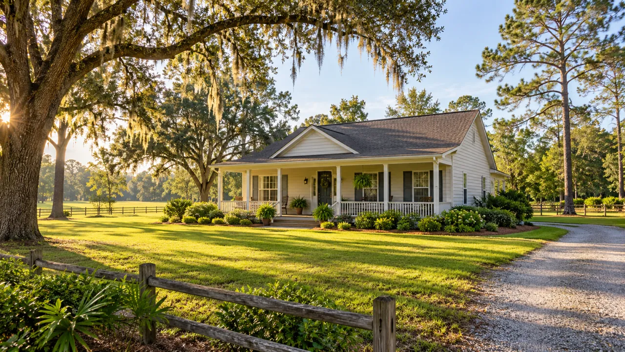 Illustrative rural Florida home with a front porch, spacious lawn, oak trees and gravel drive.