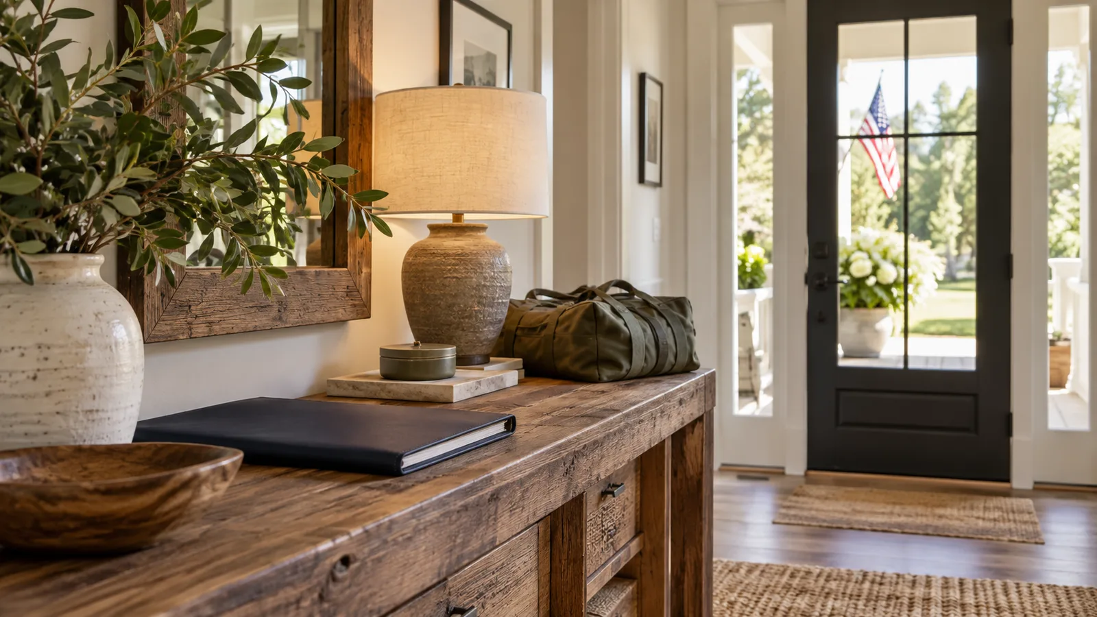 A quiet home entry console with a closed navy folder and a discreet folded olive duffel beside it, distant small American flag outside the porch.