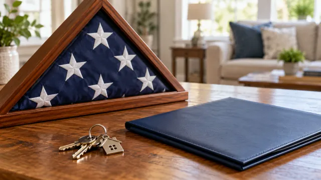 Bandera estadounidense doblada, carpeta sin etiquetas y llaves de casa sobre un escritorio de madera.