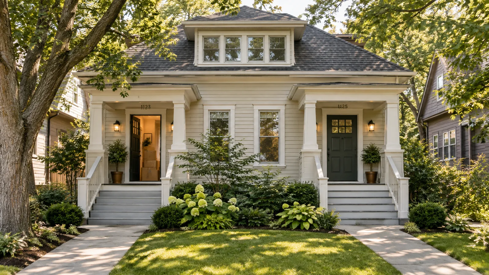 A modest American duplex with two distinct entrances, one welcoming porch with moving boxes just inside, mature leafy yard, subtle homeownership editorial photograph.