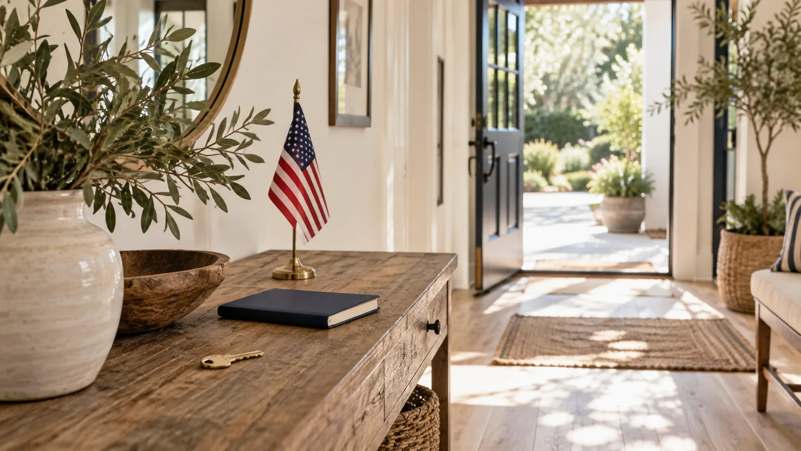 A brass home key, closed blank notebook and understated small American flag on an airy entry table, warm cream and navy tones.