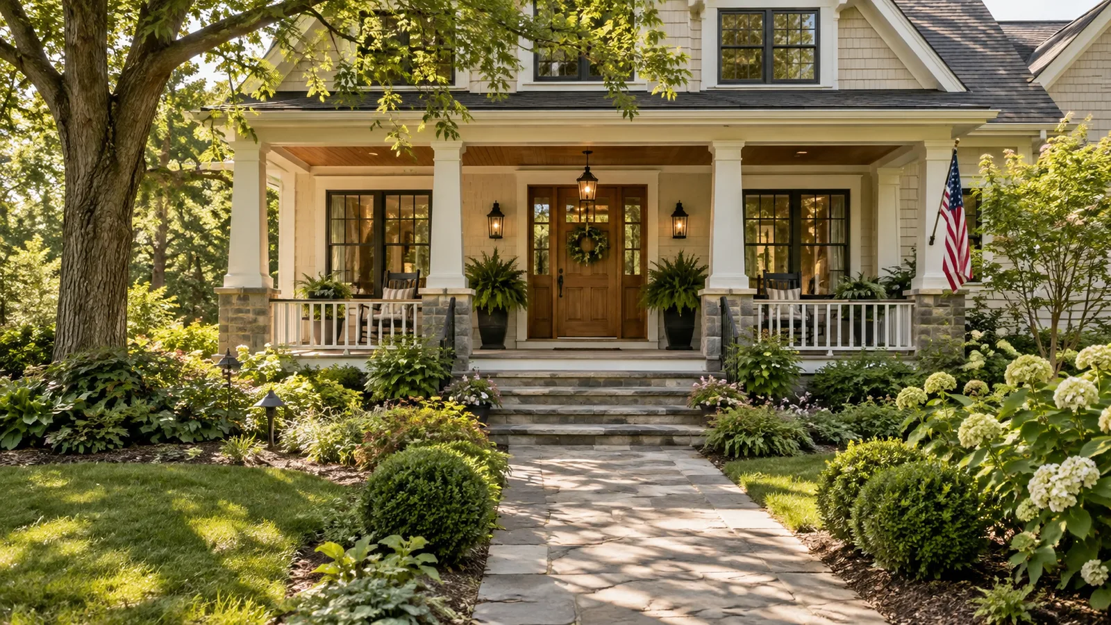 A welcoming established home with a recently improved front porch, small discreet American flag, two empty porch chairs and mature garden.