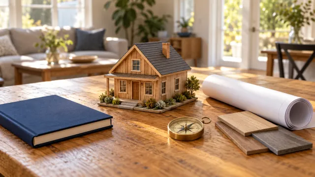 Un modelo de casa de madera entre un cuaderno y papel enrollado, con muestras de suelo y una brújula.