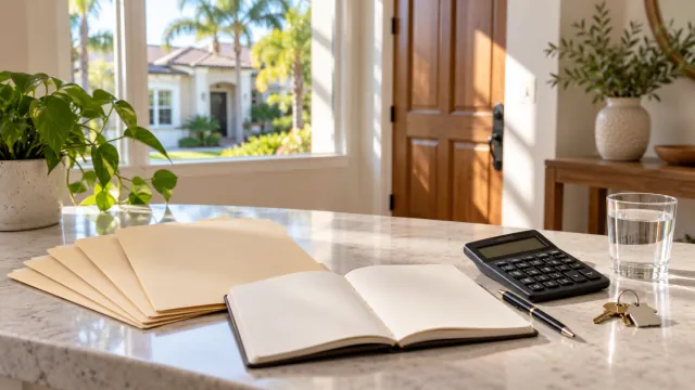 Organized folders, blank notebook, calculator and keys on a bright home-planning counter.