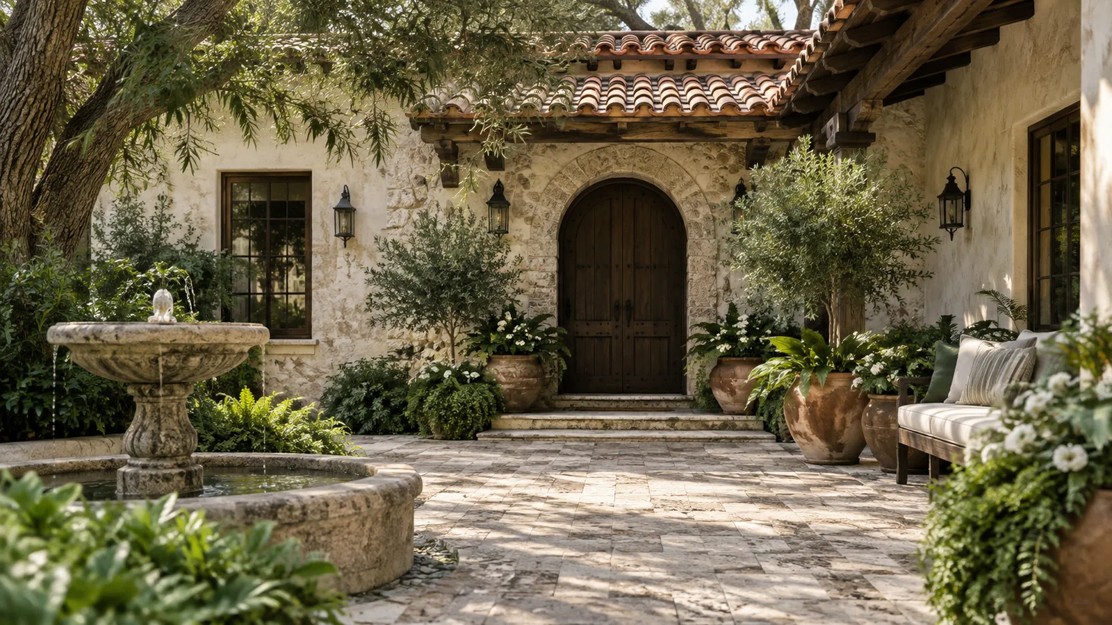 A Spanish Colonial-inspired Northeast Florida residential courtyard, coquina-textured walls, clay tiles and shaded wood door, residential scale.