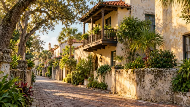 Illustrative historic Florida lane with stucco homes, terracotta roofs, a wooden balcony and palms.