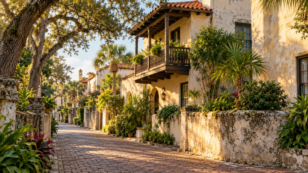 Illustrative historic Florida lane with stucco homes, terracotta roofs, a wooden balcony and palms.